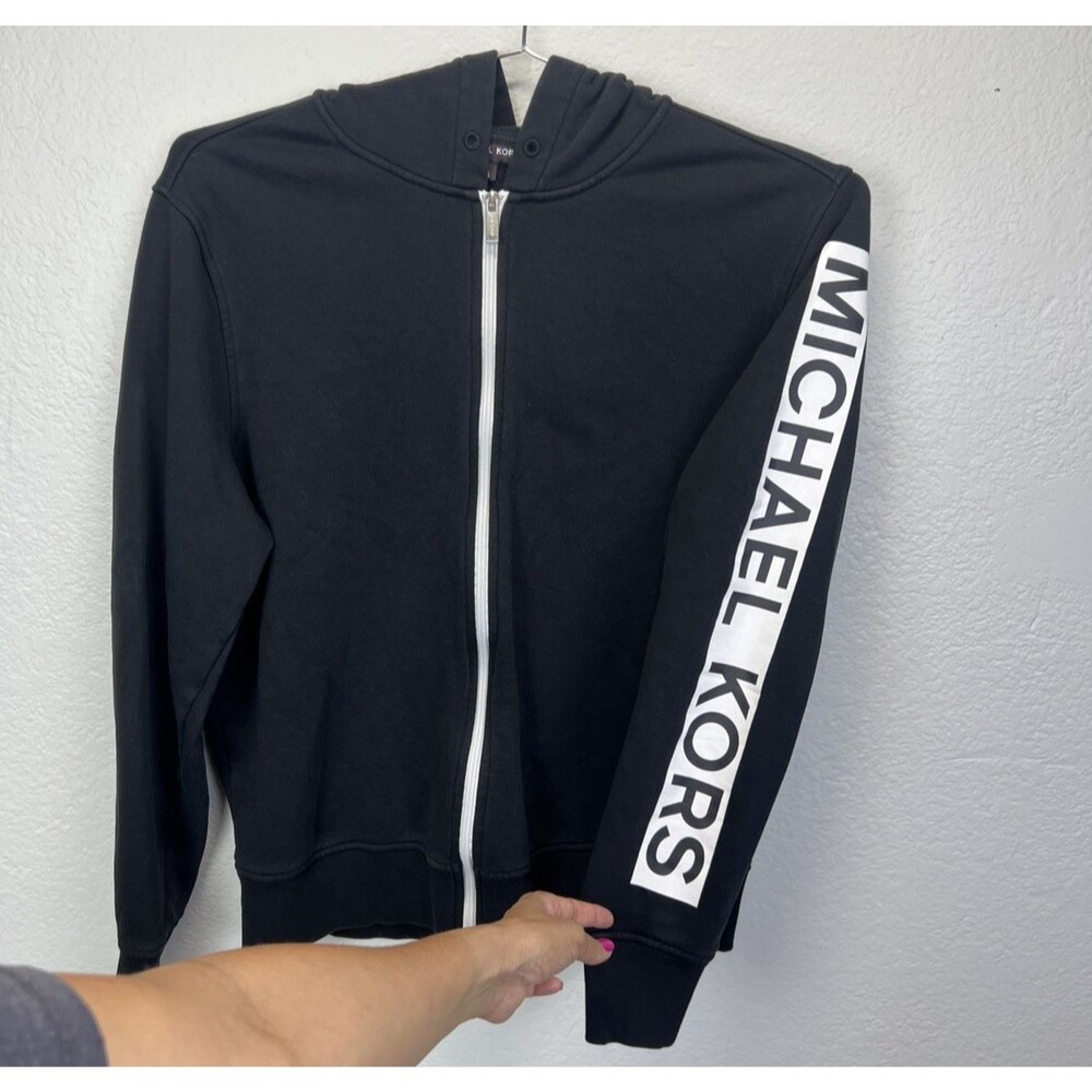 Michael Kors Men Black Logo Tape Long Sleeve Fleece Zip Hoodie Sweater Size M
